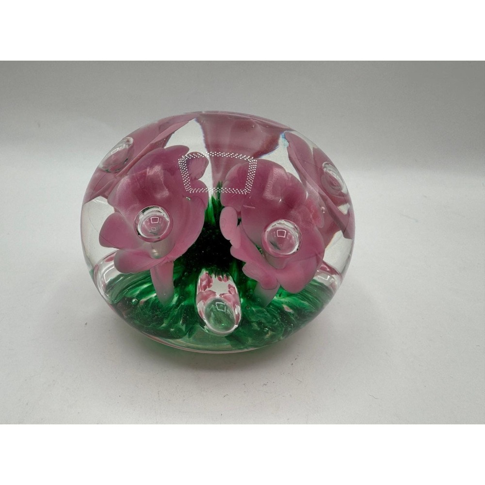 Joe Rice Paperweight Art Glass 1995 Pink Floral Green Base Signed Bubble
